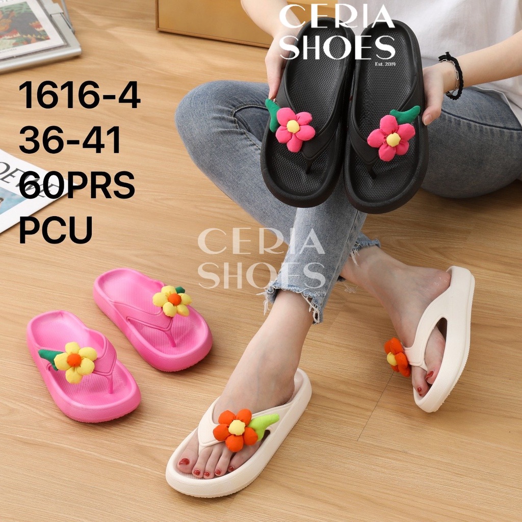 PVC Sandal Jepit Wanita Import Karet Empuk Lentur Elastis Bahan Rubber Non-Slip Acc Bunga Balance 1616