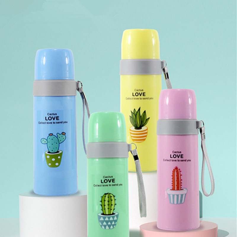 Botol Minum Termos Motif Kaktus Bahan Kaca 500ML pake Dus _PINK