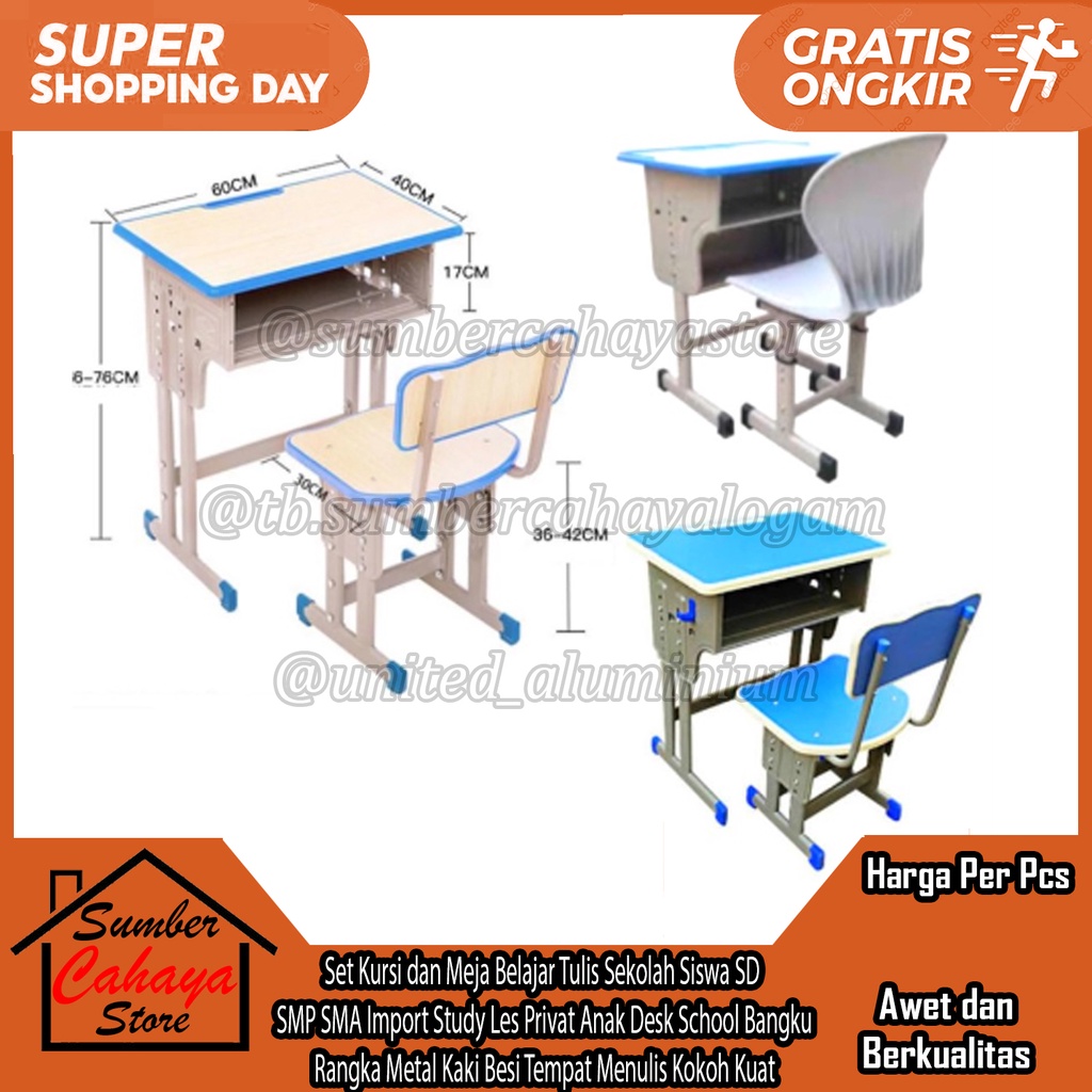 Set Kursi dan Meja Belajar Tulis Sekolah Siswa SD SMP SMA Import Study Les Privat Anak Desk School B