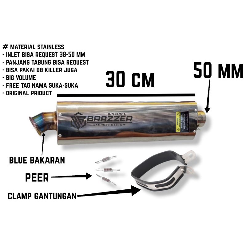 KNALPOT RACING ORIGINAL BRAZZER EXHAUST BIG VOLUME V3 SILINCER SEGITIGA STAINLESS UJUNG BLUE INCLUDE