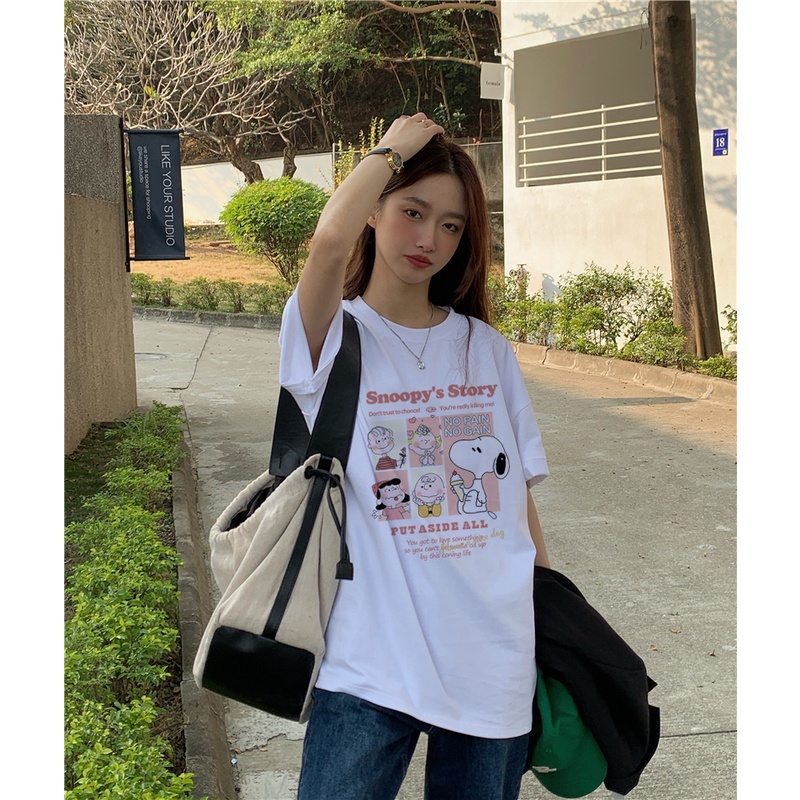 korean style lengan pendek oversize kaos wanita Snoppy's Story pattern printing T-shirt/kaos putih/hitam atasan wanita