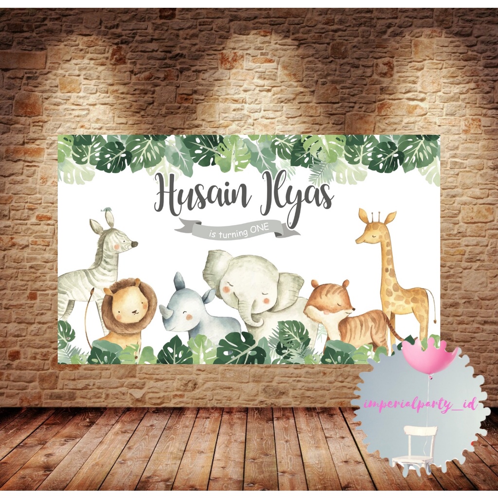 Custom Backdrop Banner Spanduk Happy Birthday Jungle Animal Cute