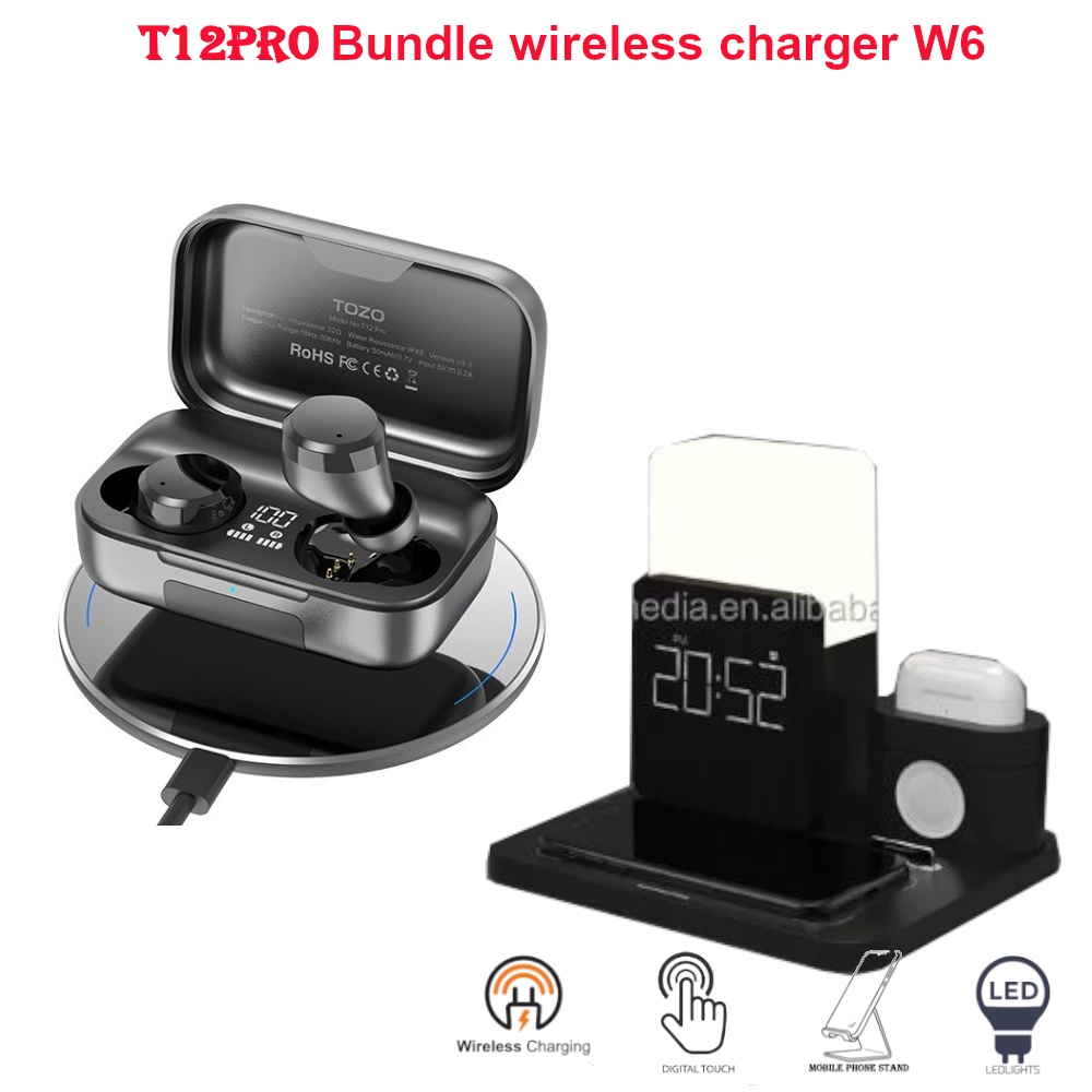 TOZO T12 TWS Wireless Earbuds Bluetooth Headphones Wireless Charging IPX8