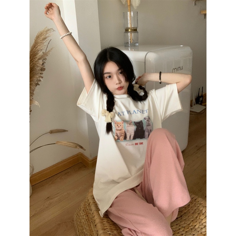 EUNII T-shirt Lengan Pendek Imut Kucing Pencetakan Longgar Korean Style/Kaos Atasan Wanita/Baju Kaus Oversize Wanita