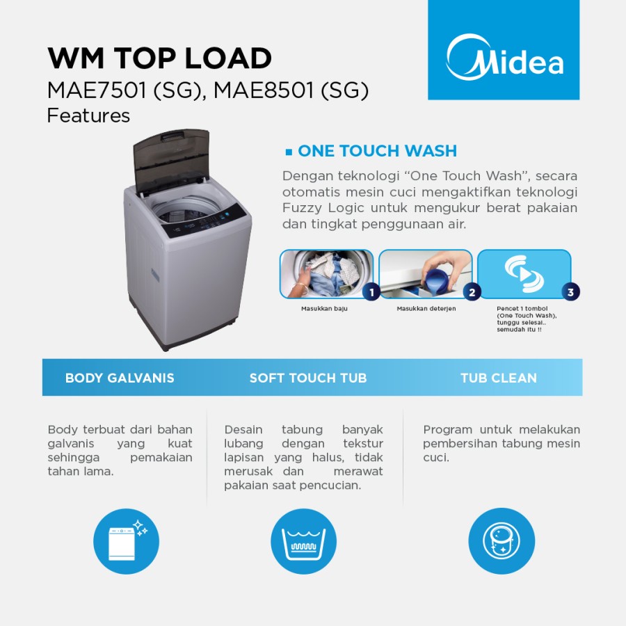 MIDEA MAE8501(SG) Mesin Cuci Top Loading 8.5 Kg