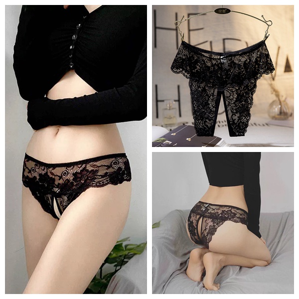 Celana Dalam brief Wanita Sexy Ukuran Jumbo Open Crotch Renda Lingerie G String 3C025