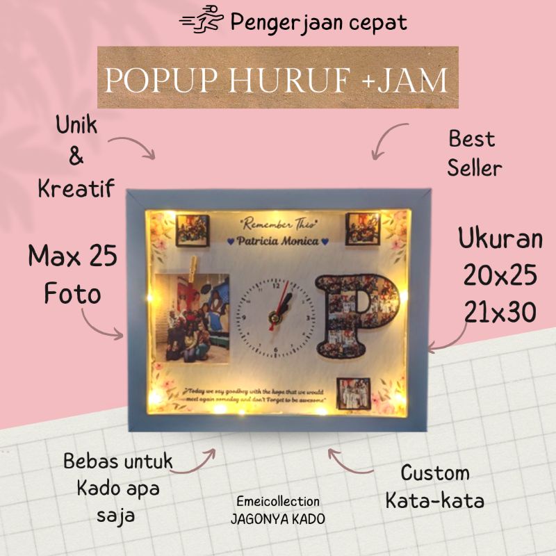 POP UP HURUF & JAM KADI BEBAS CUSTOM ( PLUS STANDING/DUDUKAN FRAME)
