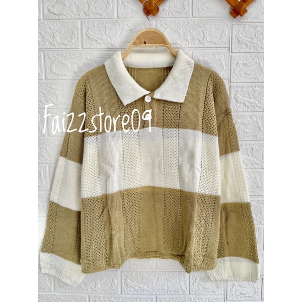 NAOMI SWEATER RAJUT MOTIF JARING CROP TOP STRIP BAHAN TEBAL PREMIUM KNIT STORE09 MURAH