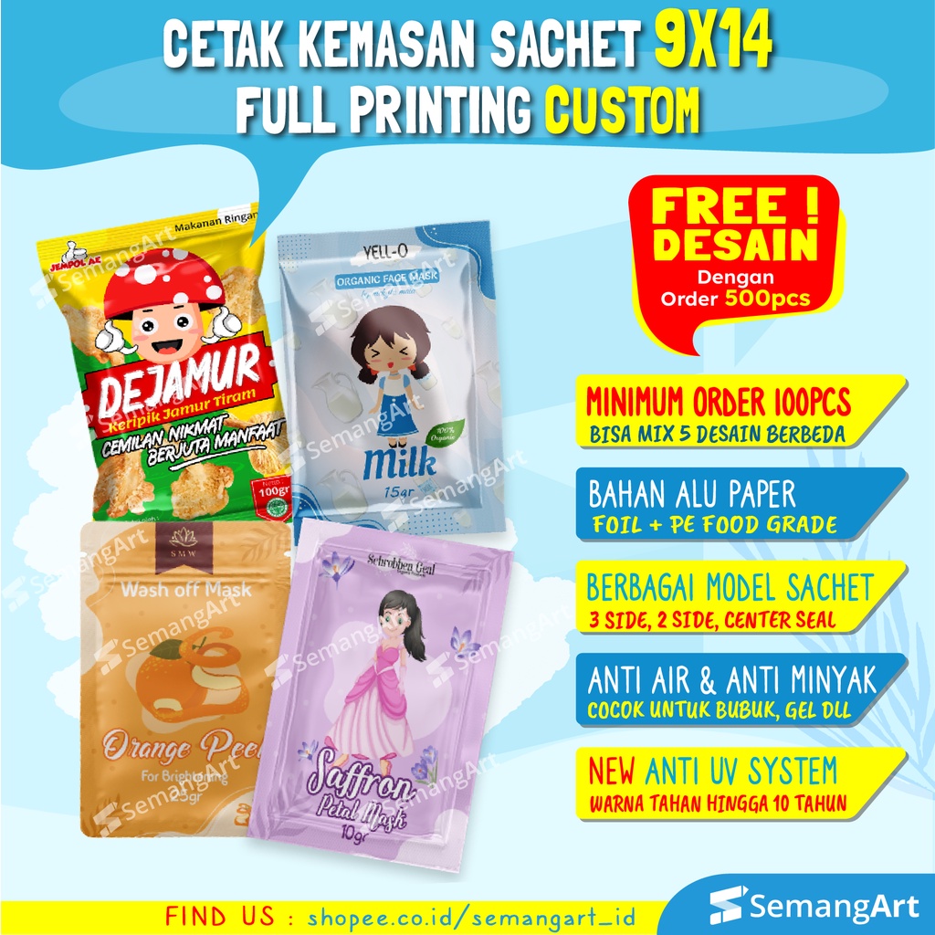 Cetak Kemasan Sachet Bag 9x14 Plastik Klip Ziplock Flat Bottom Full Printing Bungkus Makanan / Maske