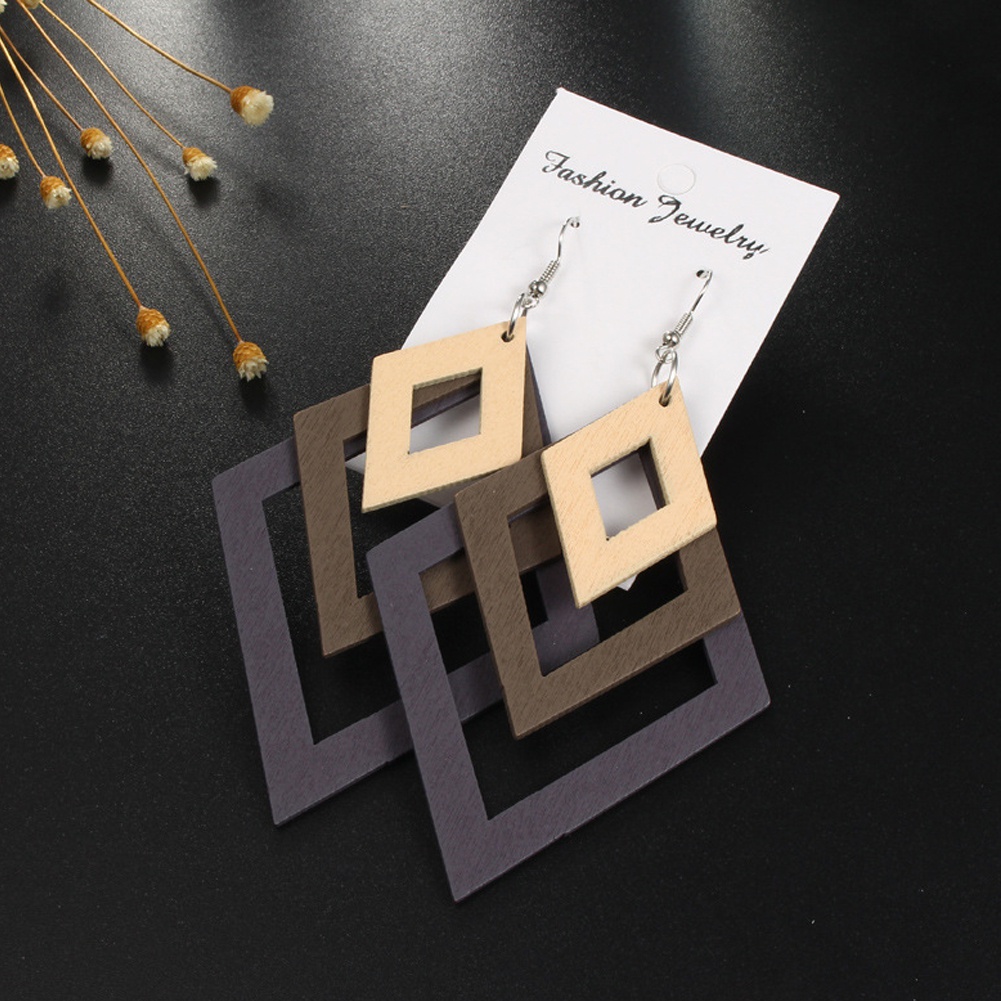 Anting Kait Gantung Model Asimetris Multilayer Bahan Kayu Gaya Retro Untuk Wanita