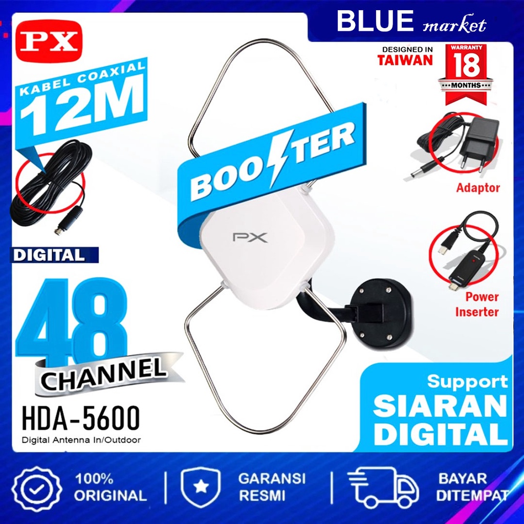 Antena TV Digital Analog PX HDA-5600 Kabel 12M Booster Indoor-Outdoor