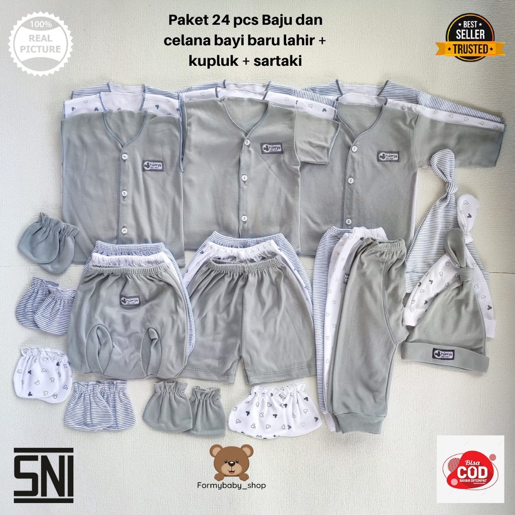 TERLARIS Paket lahiran 24 pcs baju dan celana bayi baru lahir kupluk topi bayi dan sarung tangan kaki seri abu minoru baby paket newborn bajubayi murah bajubayi laki laki baju bayi perempuan