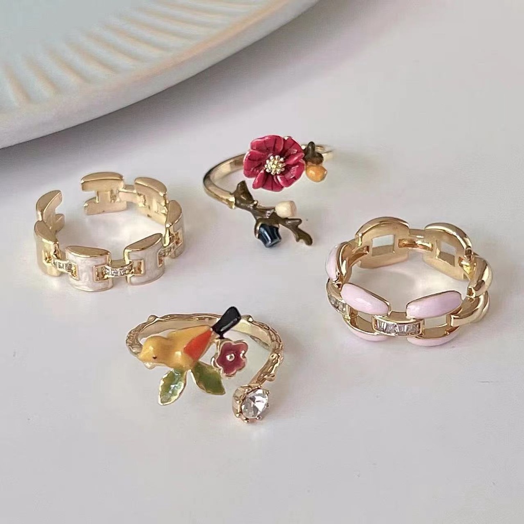 Cincin Model Terbuka Bahan Alloy Desain Bungaburung Hias Berlian Imitasi Untuk Wanita