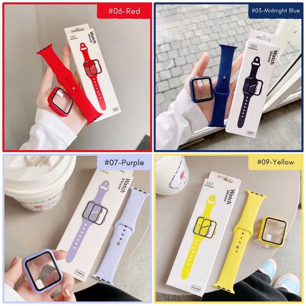 ( TANPA JAM ) &quot; FULLSET 2 IN 1 &quot; TALI STRAP APPLE WATCH BASIC + TEMPERED GLASS CASE COVER - SERI 1 2 3 4 5 6 7 8 SE ULTRA | SIZE 38mm 40mm 41mm 42mm 44mm 45mm 49mm | sport band iwatch full color rubber silicone