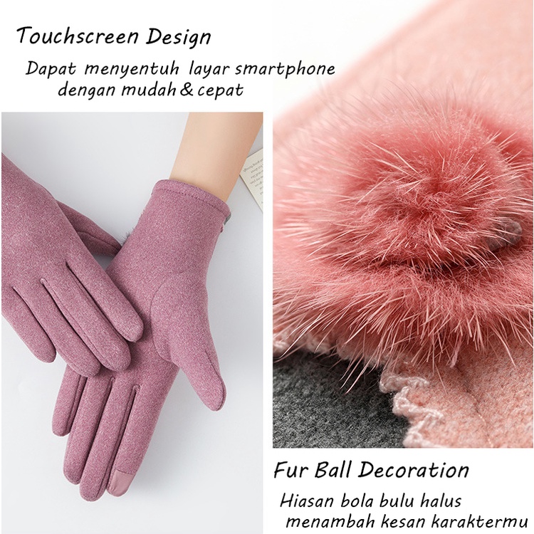 Sarung Tangan Wanita Elegan Fur Ball Decoration Women Gloves Full Finger Touchscreen Korean Version