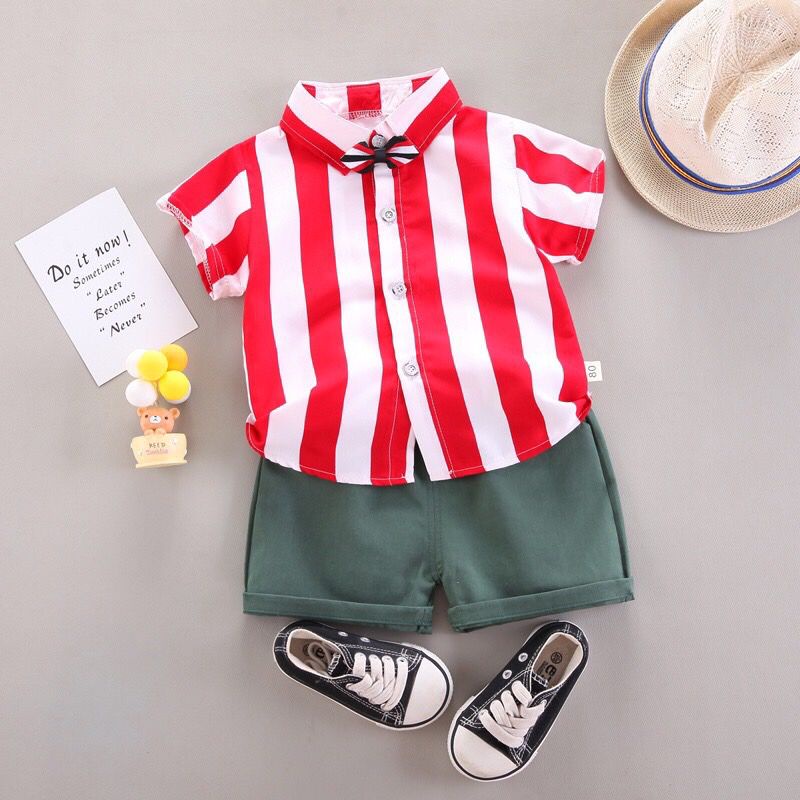 LID7001 - Baju + Celana Pendek Cotton Set 2in1 Setelan Bayi Lengan Pendek Garis