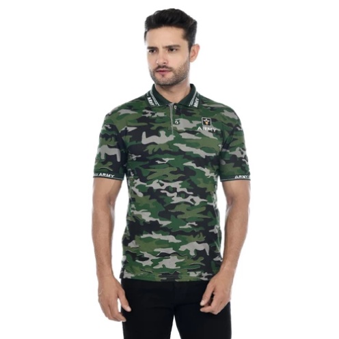 KERAH HIJAU - Kaos kerah kemeja Army tentara loreng baju polo camo gym fitness pria