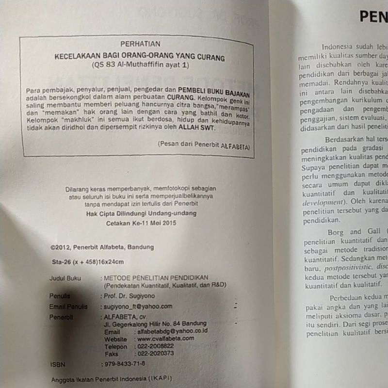 BUKU METODE PENELITIAN PENDIDIKAN PENDEKATAN KUANTITATIF KUALITATIF DAN R&amp;D - SUGIYONO [ORIGINAL]