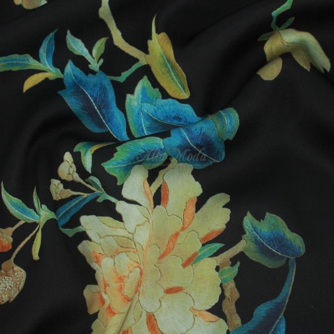 Silky Strech Motif Bunga Krisan Daun (Hitam)(Alta Moda)*