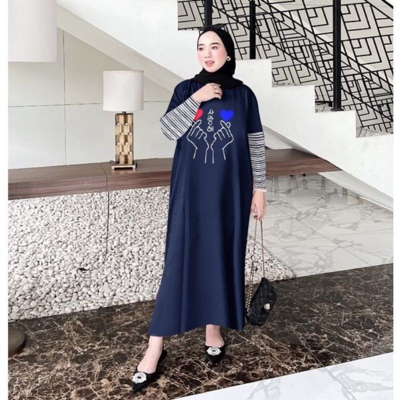 Gamis cinta jumbo salur stripe kombinasi trendy Maxi dress i love you