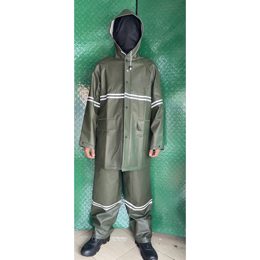 Jas Hujan PVC Hijau - Jas Hujan PVC Karet Tebal - Jas Hujan Hijau Army - Jas Hujan Setelan Karet