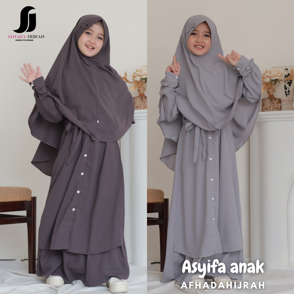Afhadahijrah - Gamis ANAK set cadar dark light grey ASYIFA terbaru murah