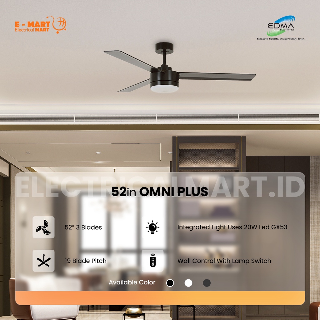 EDMA OMNI PLUS 52inch Kipas Gantung Plafon Plus Lampu LED White Black Bronze