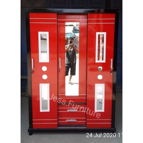 Lemari Baju New / Lemari Baju Kaca Kotak / Lemari Pakaian 3Pintu Sliding / Lemari Pakaian Gantungan 