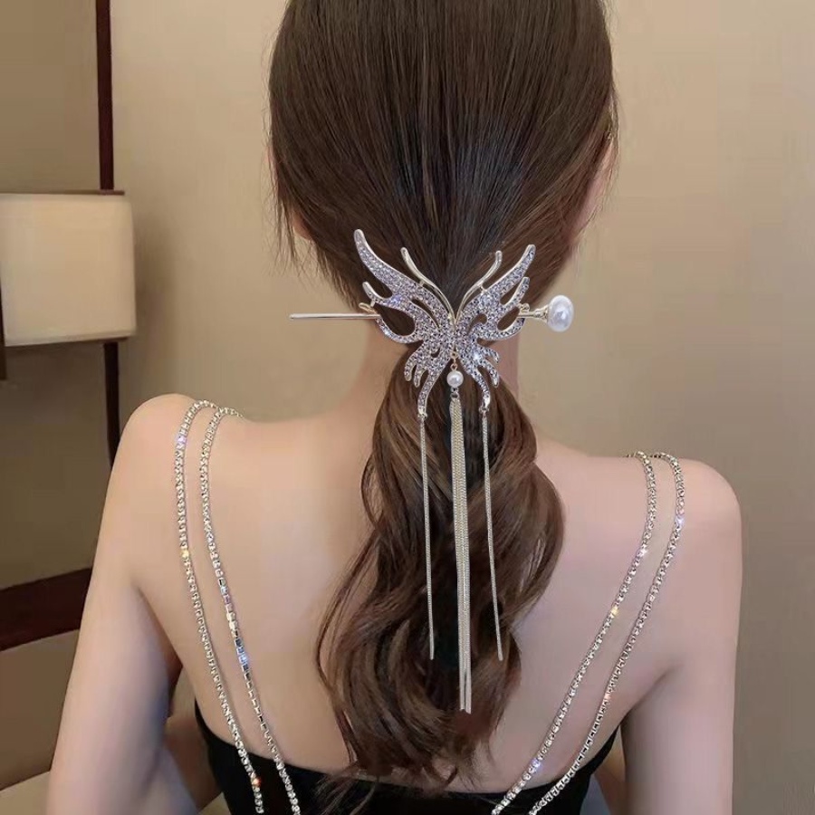 Jepit Rambut Bentuk Kupu-Kupu Bahan Alloy Aksen Berlian Imitasi Gaya Korea Untuk Wanita