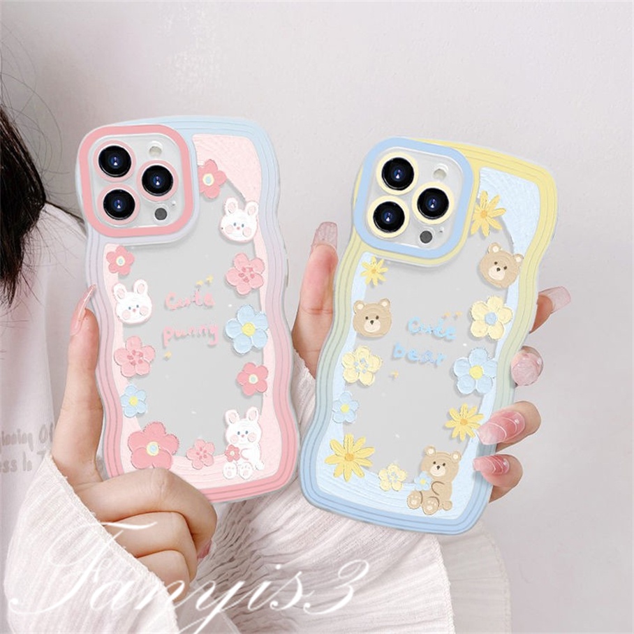 Redmi 12C A1 10C 10A 10 9 9A 9C 9T Note 11 Pro+ 11s 11 10s 10 9s 9 8 Pro Poco X4Pro X3 Pro X3NFC M4 Mi 11 Lite 10TPro Rabbit Bear Flower Wave Frame Phone Case TPU Soft Protective Cover