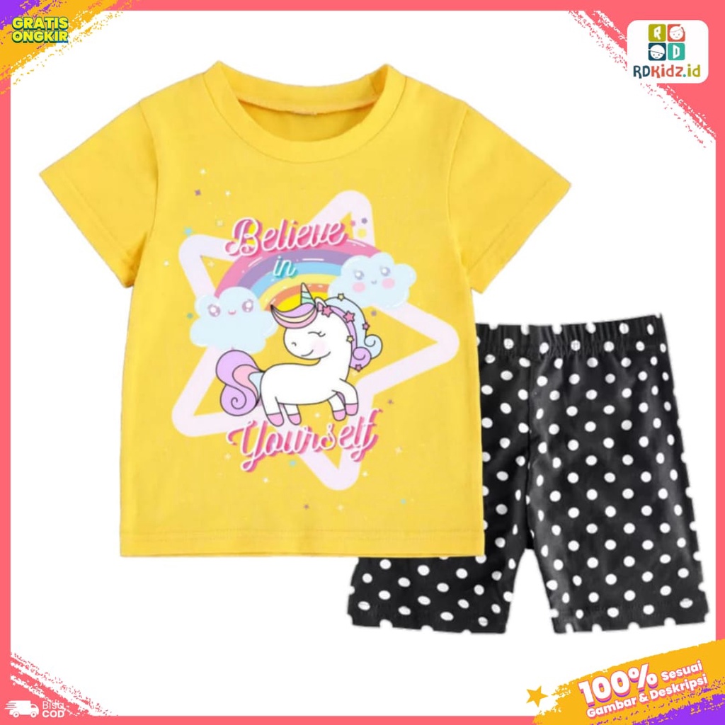 Rdkidzid Setelan Lengan Pendek Anak Perempuan Set Kaos Anak Cewek Motif Pony Star Yellow