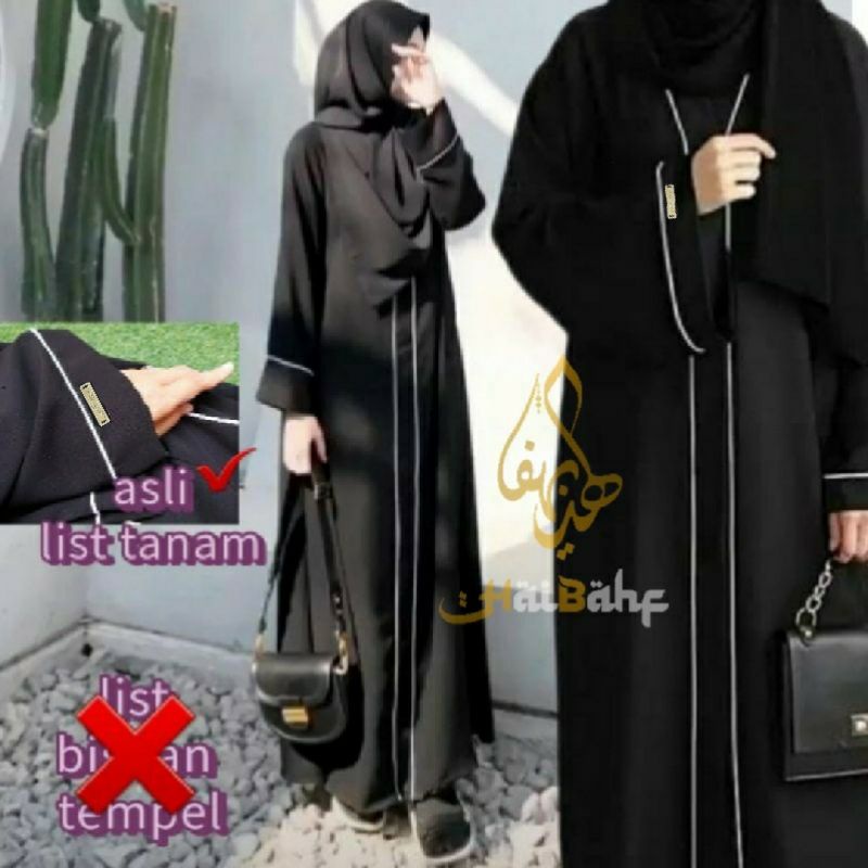 Abaya Hitam Basic List Gamis Syari Bahan Jet black Hitam Pekat Busui friendly-8