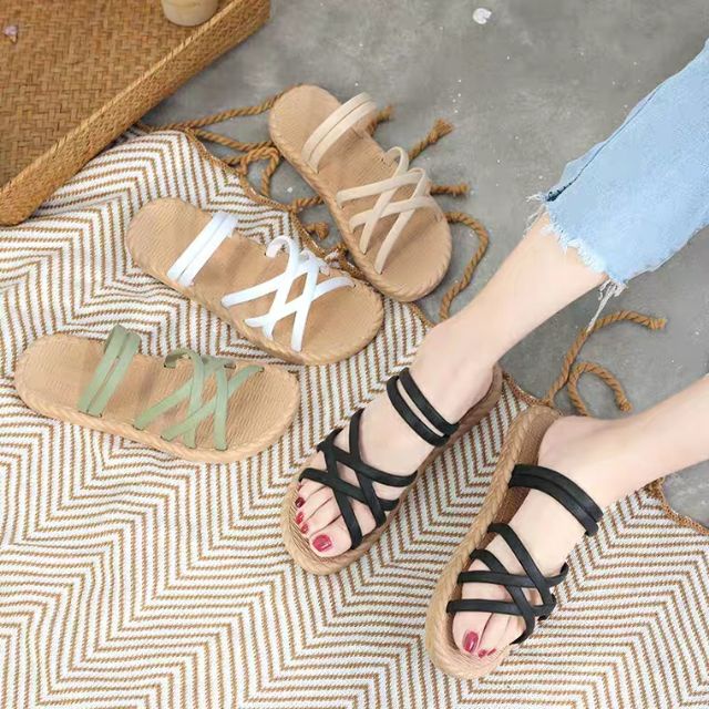 Sandal Wanita Tali Women Sandals Fashion Roman Cross Straps Flat Sandals Import Real Pict Tmall88