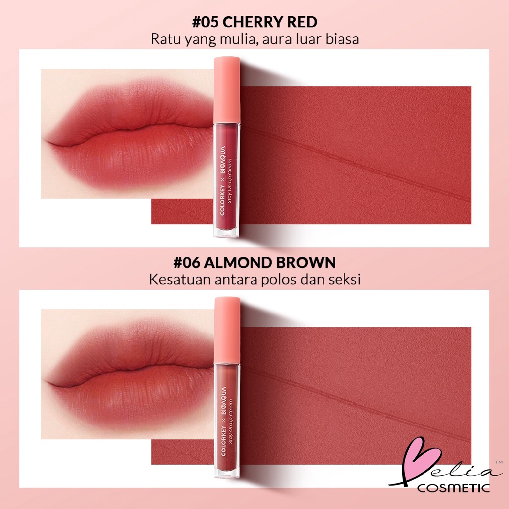 ❤ BELIA ❤ Colorkey X Bioaqua Stay On Lip Cream Matte 6 Colors | Lipstik Matte Lipstik Tahan Lama dan Anti Air Hingga 24 Jam | BPOM