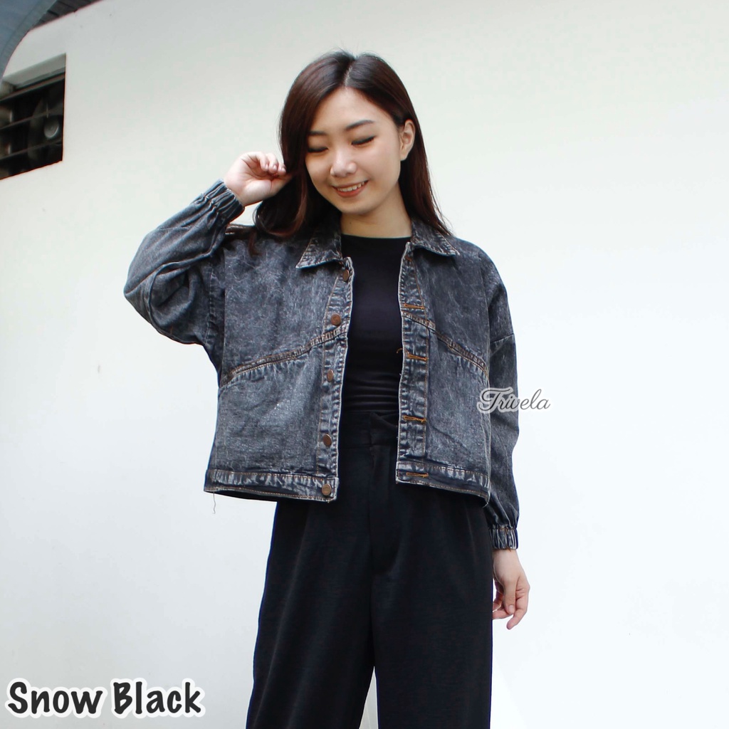 TRIVELA - Jaket Jeans Oversized Karet / Jaket Jeans Vintage Karet / Jaket Vintage Warna Wanita / Jaket Jeans Retro