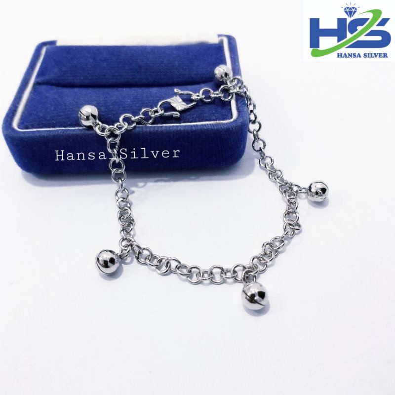 Gelang Kaki Perak Anak Silver 925 Lapis Emas Putih Rantai Nori 5 Kerincing - Perak Asli 925 Anti Karat