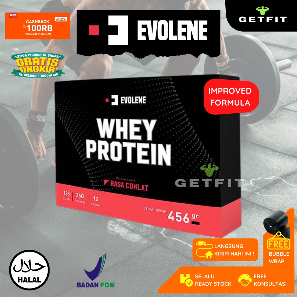 EVOWHEY EVOLENE WHEY PROTEIN 420 GRAM BPOM HALAL 12 SACHET FITNESS GYM COKLAT MOKA EVO PRO SUSU DEFI