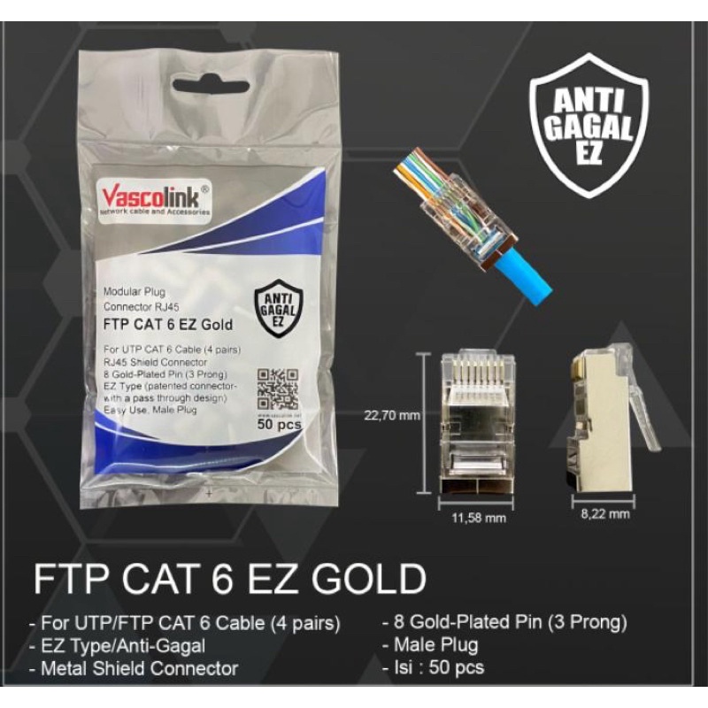 Connector vascolink rj45 FTP cat 6 EZ gold (anti gagal)