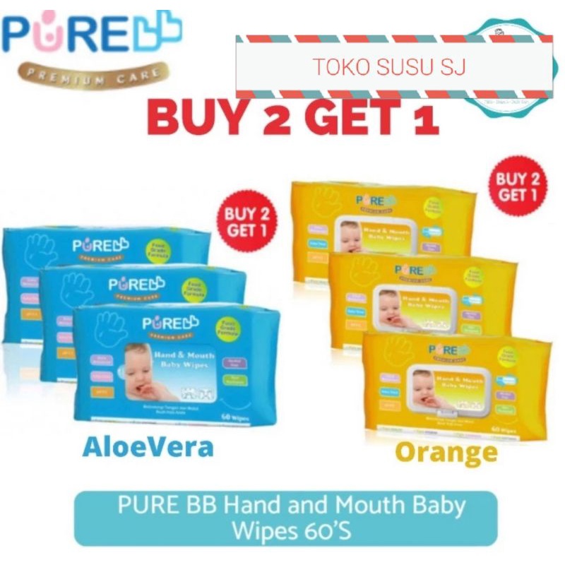 PUREBABY HAND &amp; MOUTH Tisu Basah BABY WIPES 60s BUY 2 GET 1 FREE/PURE BABY/tisu basah