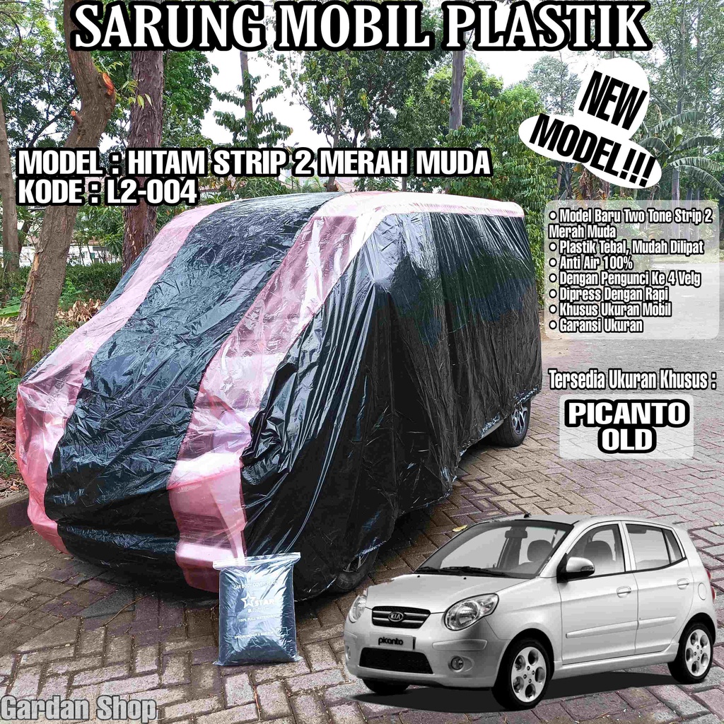 Sarung Mobil Plastik PICANTO OLD Hitam Strip 2 Merah Muda Full Anti Air Full Waterproof