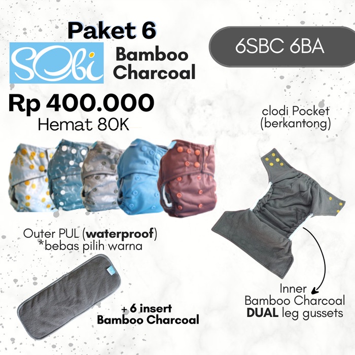 Paket 6 clodi set insert Sobi minky microfiber sobi overnight bamboo cotton charcoal