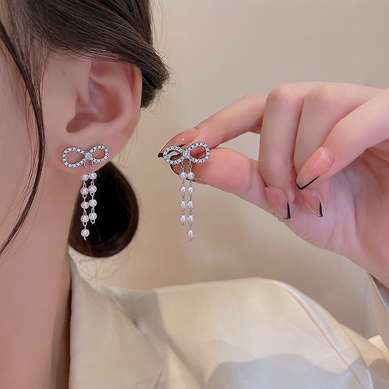 Anting Tusuk Gantung Panjang silver 925 Desain Pita Hias Mutiara + Berlian Untuk Wanita