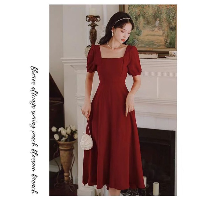 [MikanHiro Store]square neck temperament over the knee red dress women's summer 2022 new western style retro this year's most popular skirt