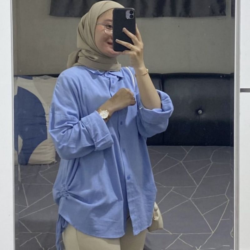 Kemeja Wanita Tali Serut Samping Oversize Olivia Shirt Linen Pocket