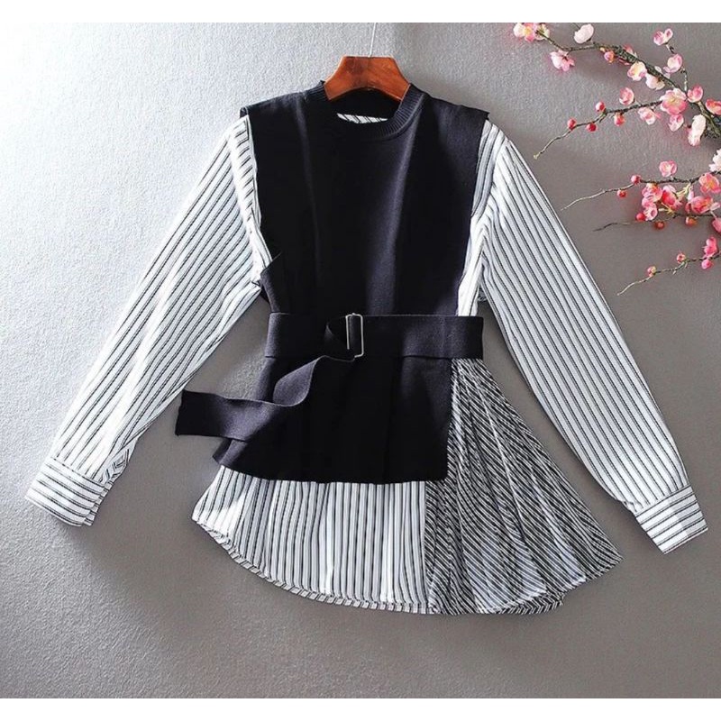 BLOUSE KATUN PLISKET MIX ROMPI RAJUT NEMPEL IMPORT