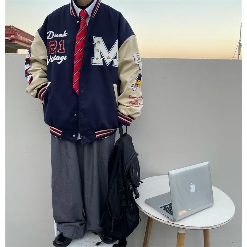 JAKET PASANGAN AMERIKA RETRO KULIT LENGAN BISBOL SERAGAM JAKET PRIA WANITA MERAH HIJAU BIRU MUSIM GUGUR IN HONG KONG GAYA MAHASISWA JAKET KASUAL