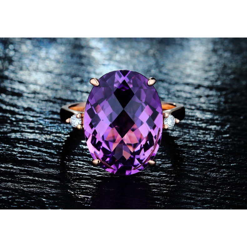 Cincin Lapis Rose Gold Emas Asli Kadar 375Desain Kura-Kura Hias Amethyst Adjustable Untuk Wanita