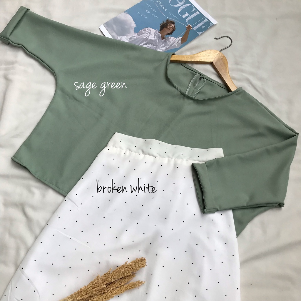 ONE SET LEONA STACY CROP TOP BLOUSE DAN ROK POLKADOT KECIL KOREA PANJANG