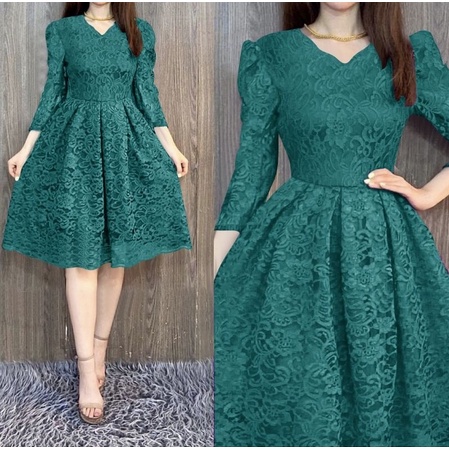 Baju Dress Remaja Brukat Gaun Pesta Natal Terbaru 2022 2023 Midi Dress Agnes Bahan Brokat Mewah Model Terbaru