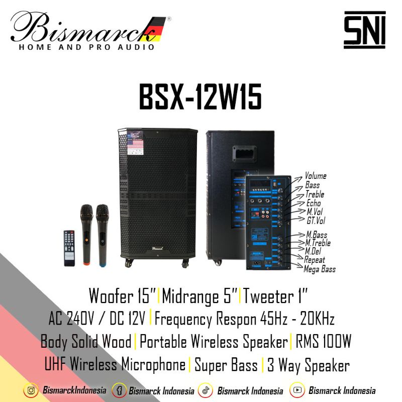 Speaker Portable Meeting Bluetooth Bismarck BSX-12W15 Original 15 inch wireless